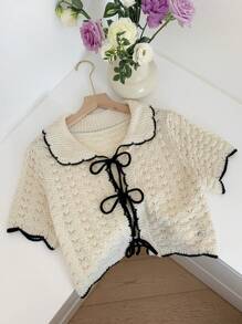 Comfortcana Women Summer Lace-Up Short Sleeve Cropped Cardigan - Beige - View 3