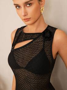 SHEIN Swim Mesh Vacation Style Floral Pattern Maxi Cover Up Dress, Elegant For Summer - Black - View 4