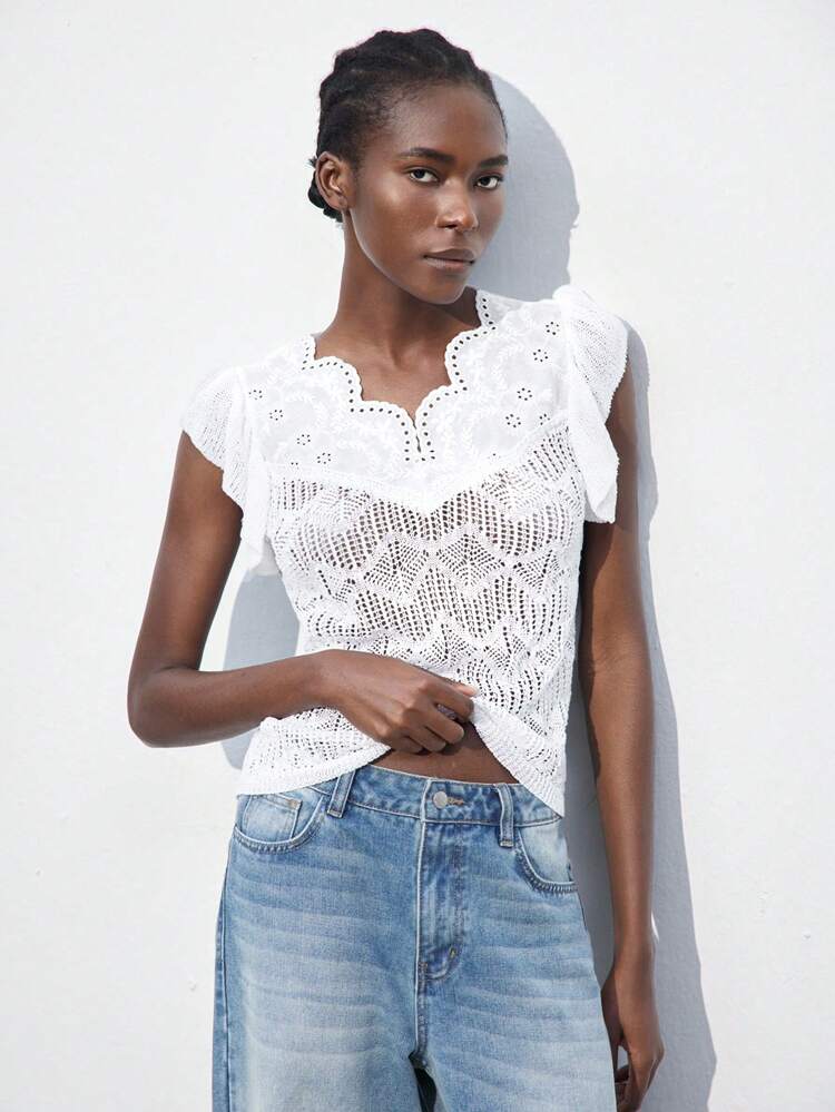 SHEIN Maija Ivory Lace Embroidered V-Neck Splice Women's Spring/Summer Apparel, Modern Vacation Casual Design, Soft Comfortable , Cap Sleeve, Bohemian Beach Resort Style