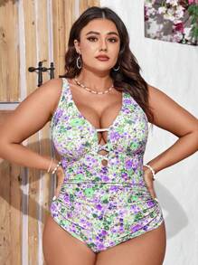 Swim Mod 1pc Plus Size Women's Random Graphic Print One-Piece Swimsuit, Casual & Suitable For Beach Holiday - Purple - View 3