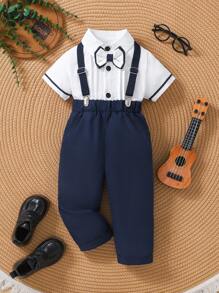 Bộ 3 món/bộ cho trẻ mới biết đi, trẻ sơ sinh, bé trai, mùa hè, tối giản, màu trơn, sọc tương phản, nơ bướm, áo sơ mi tay ngắn màu trắng cài nút đen & quần yếm có túi màu trơn, bộ trang phục thường ngày, thích hợp cho tiệc sinh nhật, đám cưới, ngày lễ, trường học, lễ rửa tội, trang phục cho bé trai, dây đeo quần, quần yếm, quần áo trẻ em, trang phục cho bé trai, quần đeo quần cho trẻ sơ sinh, áo sơ sinh, quần dài cho trẻ sơ sinh, 6 tháng-3 tuổi - Xanh đậm - Xem 2