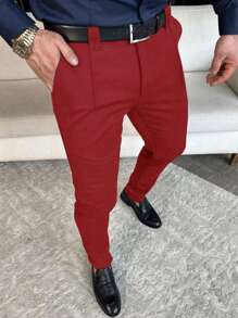 Calvornis Men's Casual Business Solid Color Tapered Suit Pants Casual Men Pants - Red - View 1