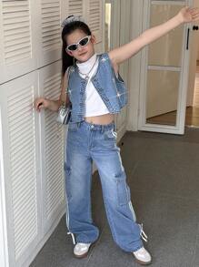 青少年女孩时尚优雅甜美酷炫 Y2K 漂白蓝色重磅星星铆钉宽松牛仔夹克和背心 - 淺色水洗藍 - 查看 1