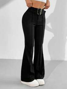 SHEIN EZwear Pantalones de mujer con diseño de brida en la cintura, unicolor, estilo acampanado, pantalones casuales