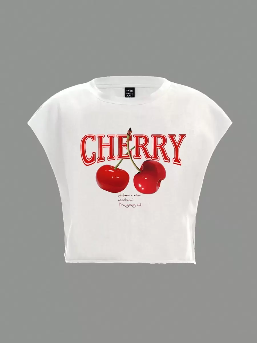 Slaydiva 休闲简约红色樱桃图案字母印花宽松短款圆领短袖T恤女，略显透视，适合夏季 - 白色 - 查看 1