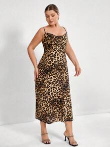 Aveloria Rosie Plus Size Leopard Print Backless Cami Dress, Sexy & Elegant Leopard Pattern For Casual,   For Summer Spring Fall Autumn