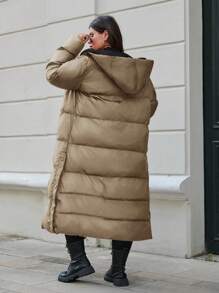 RueChic Plus Solid Button Up Hooded Long Padded Coat - Beige - View 2