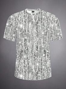 Manfinity Homme Plus Size Men Shiny Silver Sequin Decor Glamorous Party Allover Print Short Sleeve T-Shirt