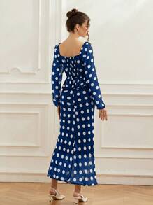 Aveloria Rosie French Elegant Square Neck Retro Polka Dot Patchwork A-Line Ruffle Dress With Fitted Waist, Women Long Sleeve Long Gown