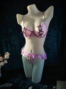 Set de lencería sexy de 2 piezas con sujetador con aros y pantis, con encaje y lazo hueco - Púrpura malva - Ver 2