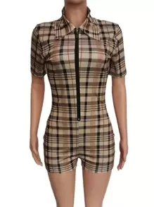 INAWLY Women's Multi-Color Plaid Short Sleeve Collar Bodycon Sexy Zipper Jumpsuit
