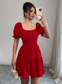 SHEIN Holidaya Vestido con volantes en el bajo, espalda descubierta y lunares para Año Nuevo, vacaciones y atuendos de playa para mujer - Rojo - Ver 4