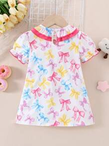 Baby Girl Candy Print Contrast Ruffled Neck Nightgown Loungewear