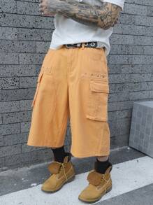 Manfinity EMRG Quần short denim rộng rãi, màu trơn có túi dành cho nam, mặc hàng ngày - trái cam - Xem 3