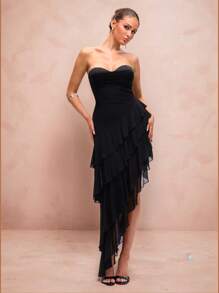 Lumalex Women's Black Elegant Summer Night Out Layered Ruffle Hem Corsage Dress,Semi-See-Through Graduation Cocktail Birthday Dresses For Wedding Banquet - Black - View 2