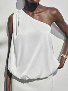 Lumivelle 女士不对称领纯色休闲衬衫，适合夏季