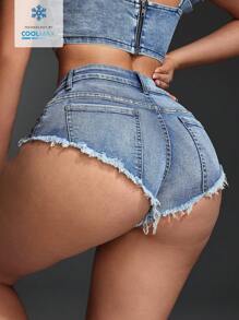 SHEIN SXY Coolmax Women's Pocket Ripped Fringed Sexy Denim Shorts - Blue - View 2