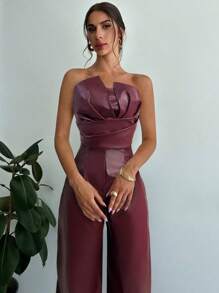 Firerie 情人节新款女式现代性感派对优雅街头设计不对称露肩 PU 酒红色短款上衣和高腰仿鱼骨 PU 直筒裤套装 - 酒紅色 - 查看 6