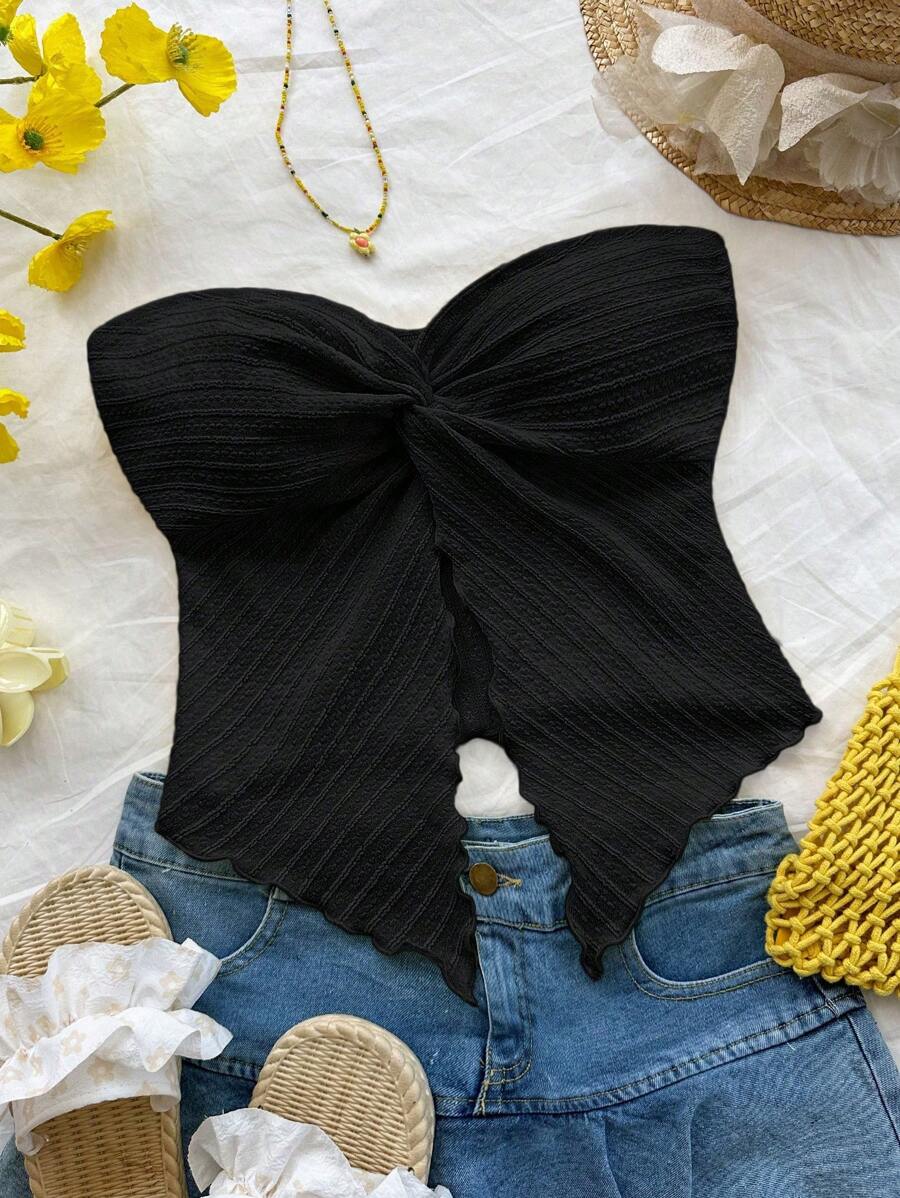 SHEIN PETITE 女装假日鹅黄色针织纹理抹胸中前打结开衩波浪边修身上衣下午茶街头度假秋冬装内外聚会 - 黑色 - 查看 1