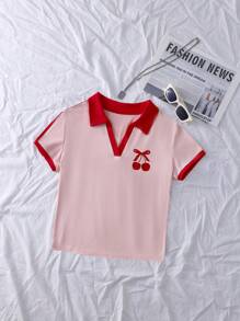 INAWLY Women's Contrast Color Cherry Pattern Turndown Collar Short Sleeve Casual T-Shirt - Pink - View 3