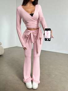 SHEIN Unity 粉色天然超弹力修身打底裤，前中系带，喇叭下摆，运动喇叭紧身裤，适合女士春夏