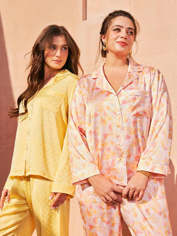 Conjunto de Pijama Loungewear com Top e Calça Estampada com Flores em Cetim Acetinado para Outono e Inverno, Calça com Bolsos, Conjunto de Lingerie de Pijama para Mulheres no Outono