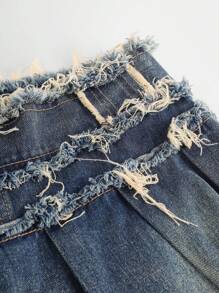SHEIN Girlism Teen Girl Y2K Vintage Retro Washed Low Rised Pleated Baggy Denim Skort, Summer Boho Western Concert Rave Graduation - Medium Wash - View 3