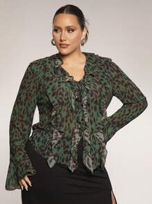 SHEIN BAE 大码女式豹纹荷叶边雪纺长袖衬衫，适合日常穿着、夜间外出、约会、派对、下午茶、音乐会