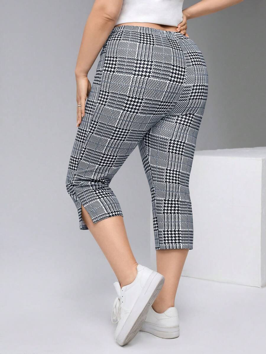 SHEIN Essnce Plus Size Checkered Split Hem Skinny Cropped Leggings - Navy Blue - View 1