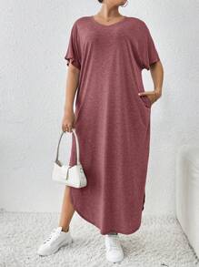 SHEIN Essnce Vestido de bata largo con diseño de bolsillo y abertura, de moda casual para primavera y verano, talla grande para mujer