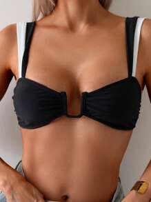 SHEIN Swim Women's Black And White Splice Wide Strap U-Neck Metal Decor Wrap Chest Swimwear Top, Summer - Black - View 3