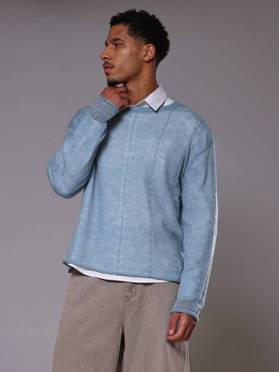 Musero Textured Lightweight Sheer Knit Sweater Spring Summer - Baby Blue - View 1