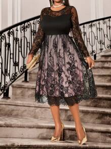 Fleurora Autumn And Winter Elegant Party Work Office Black Knitted Lace Textured Round Neck Flared Midi Long Sleeve Plus Size Dresses - Pink - View 4