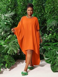Slaydiva Đầm suông dáng rộng hở vai, vạt bất đối xứng dành cho nữ cỡ lớn - trái cam - Xem 4