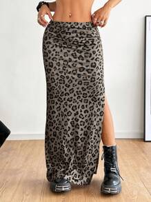 Coolane Women's Streetwear Sexy Leopard Print Ruched Slit Maxi Skirt, Music Festival Cool For Summer - Multicolor - View 3