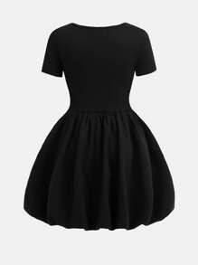 Tween Girls Fitted Casual Contrast Color Bow Decor Short Sleeve Flare Dress - Black and White - View 3