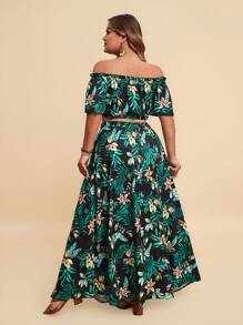 Travachic Kích thước lớn Bản in nhiệt đới Off-shoulder Quần skinny Bộ đồ trên và váy - màu đen - Xem 2