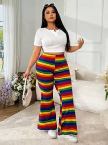 SHEIN EZwear Plus Size Rainbow Striped Flared Stretch Pants, Spring/Summer - Multicolor - View 3
