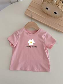 SHEIN Baby Girl Casual Simple Short Sleeve Round Neck Top, Suitable For Summer