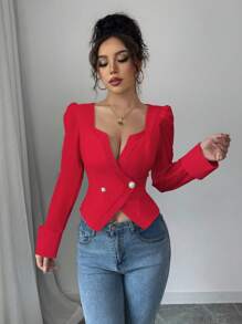 Chiquease 女士方领重叠交叉珍珠装饰纽扣拼接雪纺袖修身衬衫 - 紅色 - 查看 5