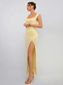 Aloruh Women Bodycon High Slit Sparkly Knitted Dress, Yellow; Backless Bowknot-Up Dress
