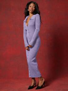 NYA SZN Ribbed Knit Collared Maxi Dress Summer - Purple - View 3