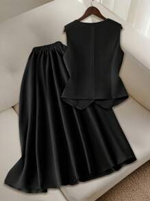 GlowEve 女士优雅时尚通勤休闲无袖 V 领收腰背心和 A 字长裙套装，纯色复古度假通勤 - 黑色 - 查看 2