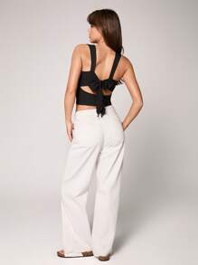 SHEIN Unity Regata Feminina de Cor Sólida com Nó nas Costas, Tecido Texturizado - Preto - Visão 2