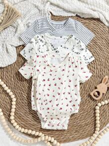 Loomiva 3pcs/Set Soft Knitted Newborn Baby Boy/Girl Round Neck Long Sleeve Bodysuit Sets