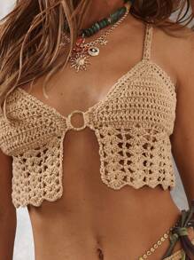 Musera Resort 细肩带扇贝针织 O 形环迷你吊带上衣仅限波西米亚风伊比沙岛可爱性感度假夏季海滩泳装假日 - 金色 - 查看 2