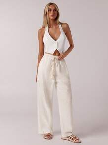 Forever 21 春季度假波西米亚风白色亚麻贝壳刺绣流苏前系带女裤 - 白色 - 查看 4