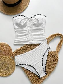 Swim Lushoire 女士新款时尚白色泡泡布褶皱锯齿边细肩带 + 三角裤夏季沙滩泳装套装 - 白色 - 查看 4