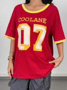 SHEIN Tween Girls Spring/Summer Casual Loose Asymmetric Neck Drop Shoulder Printed Number T-Shirt - Burgundy - View 1