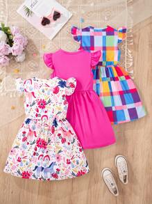 3pcs Girls Young Girl Cartoon Floral Plaid Print Cap Sleeve Dress Set, Summer